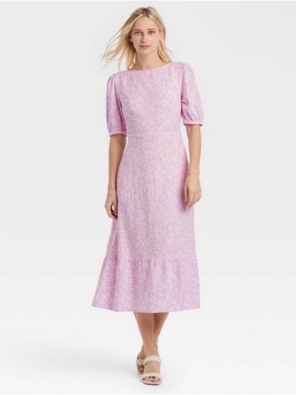 Who What Wear Lavender Floral Tie-Back Midi Dress XL linen blend